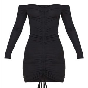 Black Ribbed Long Sleeve Ruched Bodycon Dress